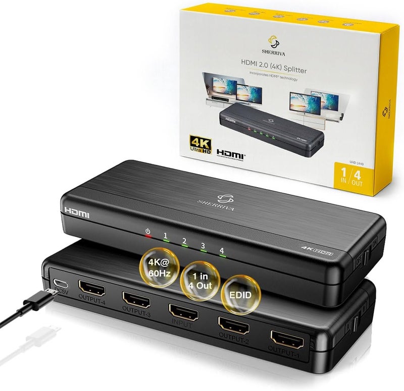 SHERRIVA 4K HDMI Splitter 1x4 – HDMI Splitter 1 in 4 Out, 4K@60Hz, 1080P@240Hz, Auto Downscaling, HDR, HDCP 2.3, 18 Gbps, EDID, Duplicate/Mirror Screens Only, HDMI Splitter for TV, Multiple Monitors - Image 1