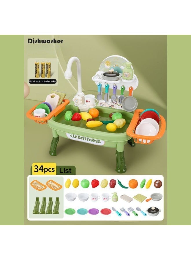 McDou Kitchen Play Sink Toy with Running Water,Kids Dishwasher Station Toy with Automatic Water Cycle System,Role Play Kitchen Dishwasher Toy for Kids(Green) - Image 2
