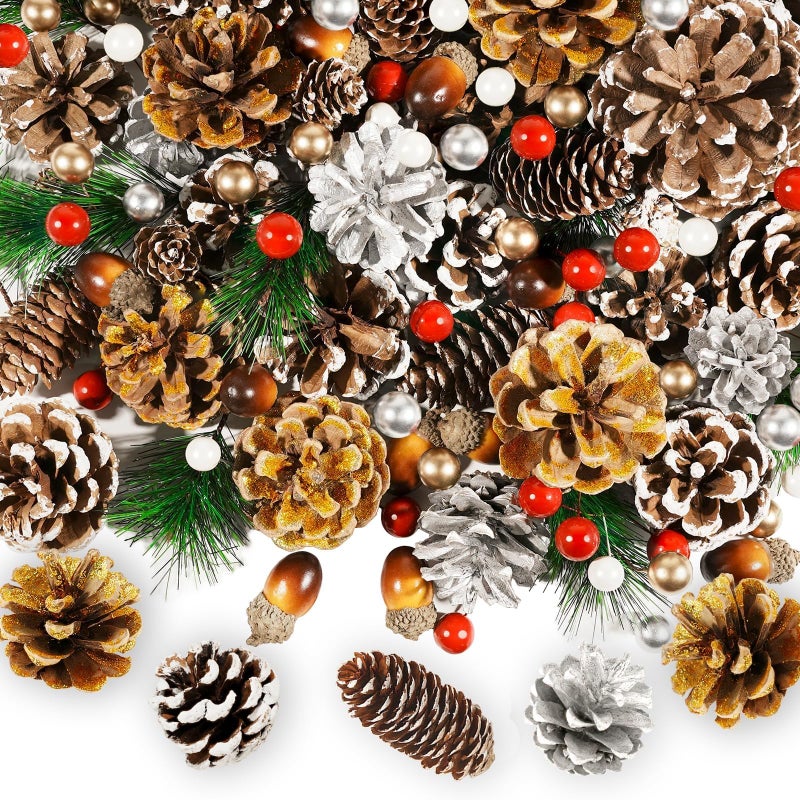 Warmtree 170 Pcs Christmas Pine Cones Berry Pine Branch Set Snow Pinecones Pendant Winter Decor with Artificial Acorn Berries for DIY Crafts Home Decorations Gift Tag Party Supplies, Assorted Sizes - Image 1
