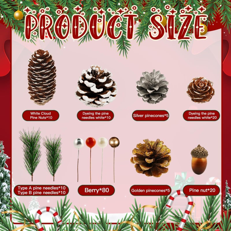Warmtree 170 Pcs Christmas Pine Cones Berry Pine Branch Set Snow Pinecones Pendant Winter Decor with Artificial Acorn Berries for DIY Crafts Home Decorations Gift Tag Party Supplies, Assorted Sizes - Image 2