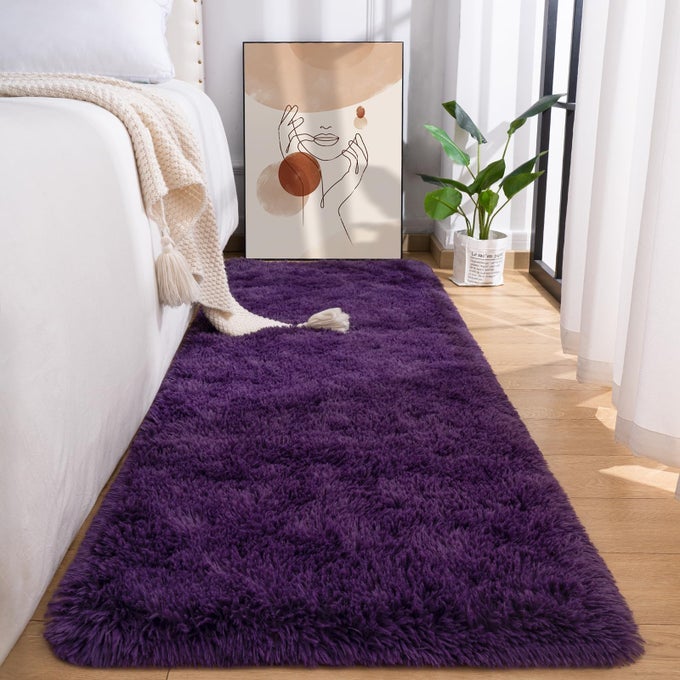 FLUFFY RUNNER RUG FOR BEDROOM LIVING ROOM 2X6 FEET DARK PURPLE SHAG AREA RUGS SOFT FUZZY CARPET FOR BEDSIDE NURSERY KIDS ROOM COLLEGE DORM PLUSH THROW RUG FOR HOME DECOR