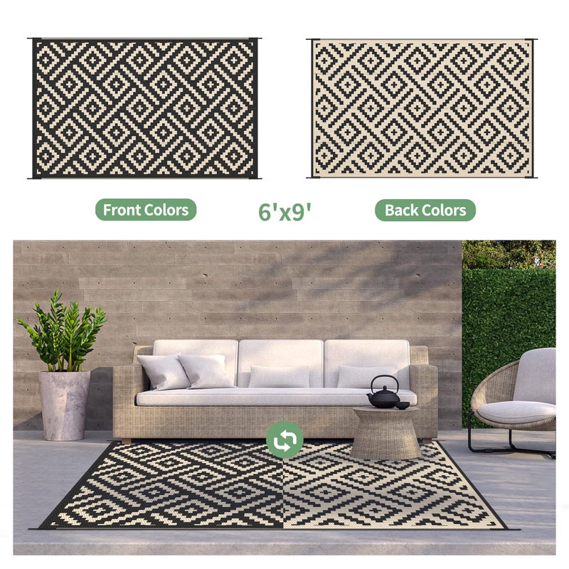 GENIMO Outdoor Rug for Patio Clearance,6'x9' Waterproof Mat,Reversible Plastic Camping Rugs,Rv,Deck,Porch,Camper,Balcony,Backyard (Black & Beige) - Image 4