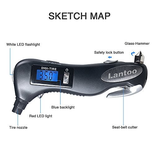 Lantoo مقياس ضغط الإطارات الرقمي لانتو 150 PSI - أداة طوارئ 5 في 1 للسيارات والشاحنات والدراجات - تتضمن قاطع حزام الأمان، وكاسر زجاج، ومصباح LED، وضوء أمان أحمر - عبوة واحدة - Image 3