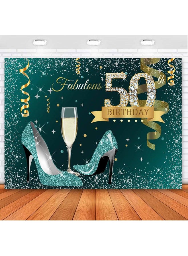 Sensfun Teal Gold Happy 50th Birthday Backdrop Glitter Silver Dots High Heels Champagne Glass Photography Background for Women Fabulous 50 Birthday Party Decorations Banner Photo Backdrops 7x5ft - Image 1