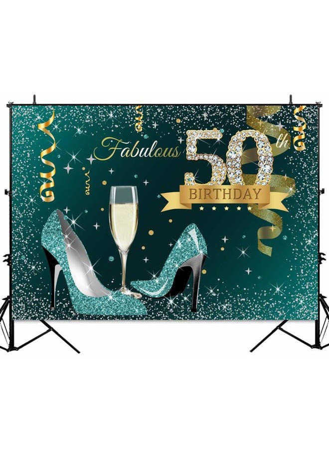 Sensfun Teal Gold Happy 50th Birthday Backdrop Glitter Silver Dots High Heels Champagne Glass Photography Background for Women Fabulous 50 Birthday Party Decorations Banner Photo Backdrops 7x5ft - Image 3
