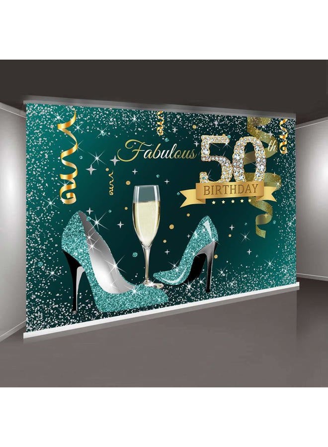 Sensfun Teal Gold Happy 50th Birthday Backdrop Glitter Silver Dots High Heels Champagne Glass Photography Background for Women Fabulous 50 Birthday Party Decorations Banner Photo Backdrops 7x5ft - Image 4