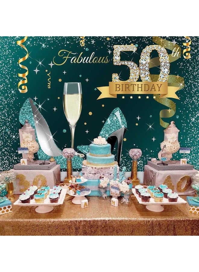 Sensfun Teal Gold Happy 50th Birthday Backdrop Glitter Silver Dots High Heels Champagne Glass Photography Background for Women Fabulous 50 Birthday Party Decorations Banner Photo Backdrops 7x5ft - Image 2