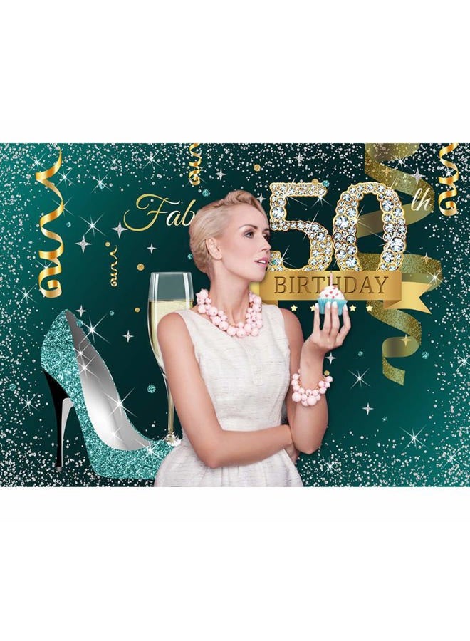 Sensfun Teal Gold Happy 50th Birthday Backdrop Glitter Silver Dots High Heels Champagne Glass Photography Background for Women Fabulous 50 Birthday Party Decorations Banner Photo Backdrops 7x5ft - Image 5