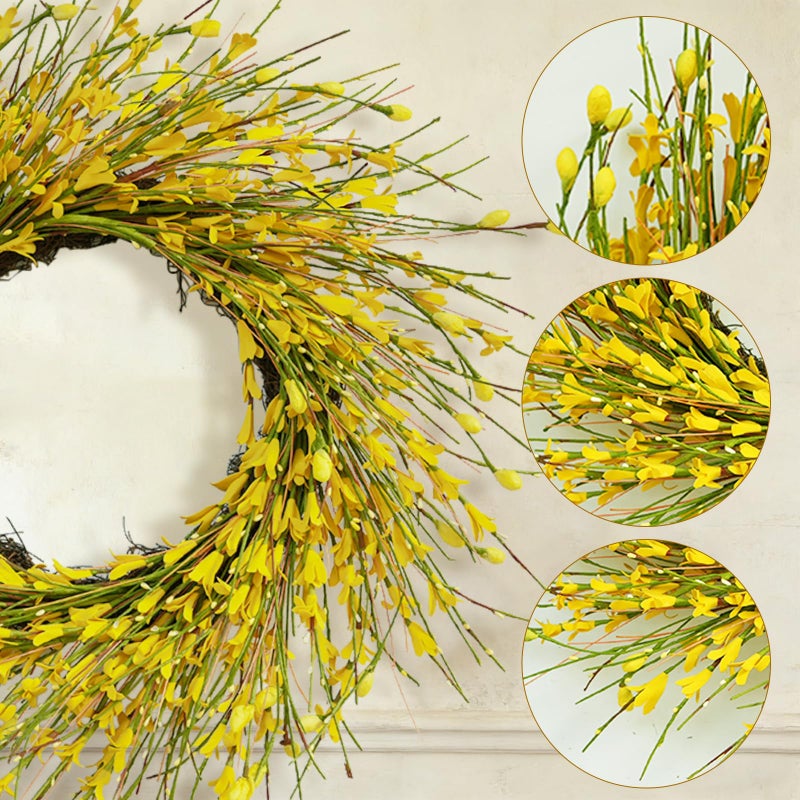 Bibelot 20inch Artificial Forsythia Flower Wreath, All Year Around Wreath for Front Door, Wedding Window Home Wall Indoor Front Door Decor (Yellow, 20in) - Image 3