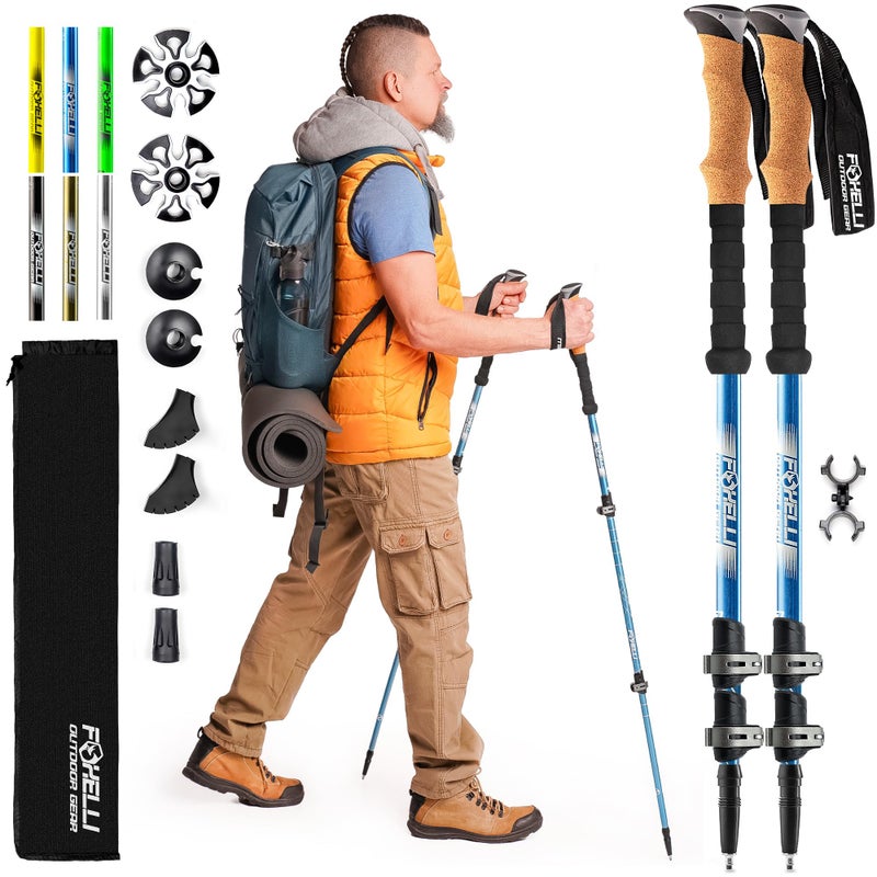 Foxelli Trekking Poles â€“ Lightweight Collapsible Aircraft Grade Aluminum Hiking Poles with Cork Grips Quick Locks & All-Terrain Accessories â€“ Pair of 2 - Image 1