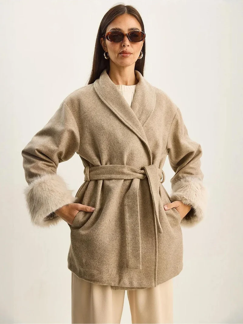 Bianco Lucci LUCCI Oversized Plush Jacket with Faux Fur Sleeve Detail