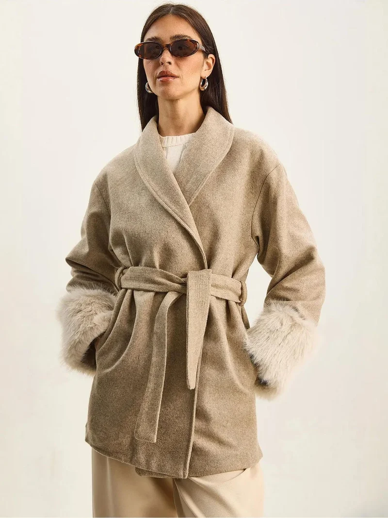 Bianco Lucci LUCCI Oversized Plush Jacket with Faux Fur Sleeve Detail