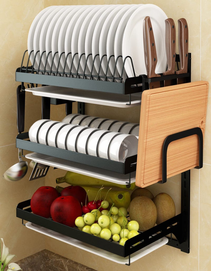 Supfirm Wall Mounted Stainless Steel Dish Drying Rack Fruit Vegetable Storage Basket with Drainboard and Hanging Chopsticks Cage Knife Holder Kitchen Supplies Shelf Utensils Organizer 3Tier