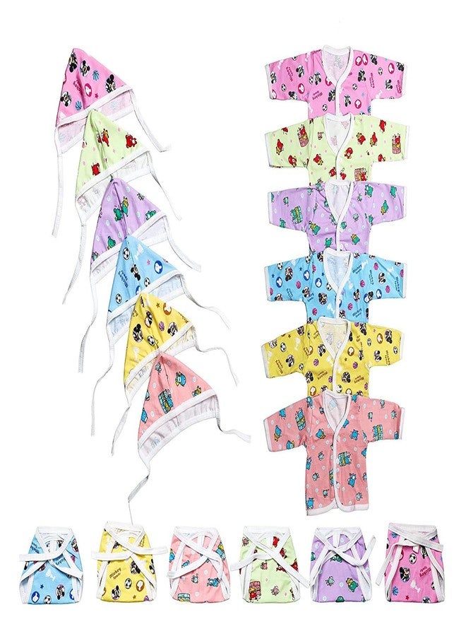 4NEwBiES 6Pc New Born Baby Hosiery Cotton Jhabla, Cap and Langot 0 to 6 Months Colors and Prints Vary (0 to 6 Months, 6 Pc) - Image 2