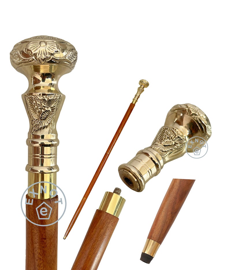 EXNOT Vintage Brass Handle Victorian Telescope Fold able Wooden Walking Stick Walking Cane Ideal Gift - Image 1