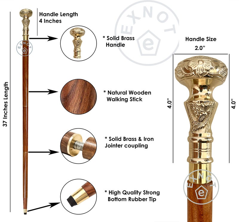 EXNOT Vintage Brass Handle Victorian Telescope Fold able Wooden Walking Stick Walking Cane Ideal Gift - Image 2