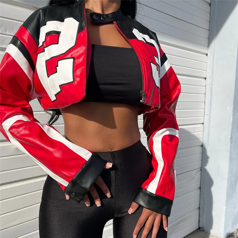 VOIKERDR Leather Jacket Cropped Jacket Motorcycle Jacket Y2K Letter Bomber Jacket Women Faux Leather Jacket Streetwear - Image 2