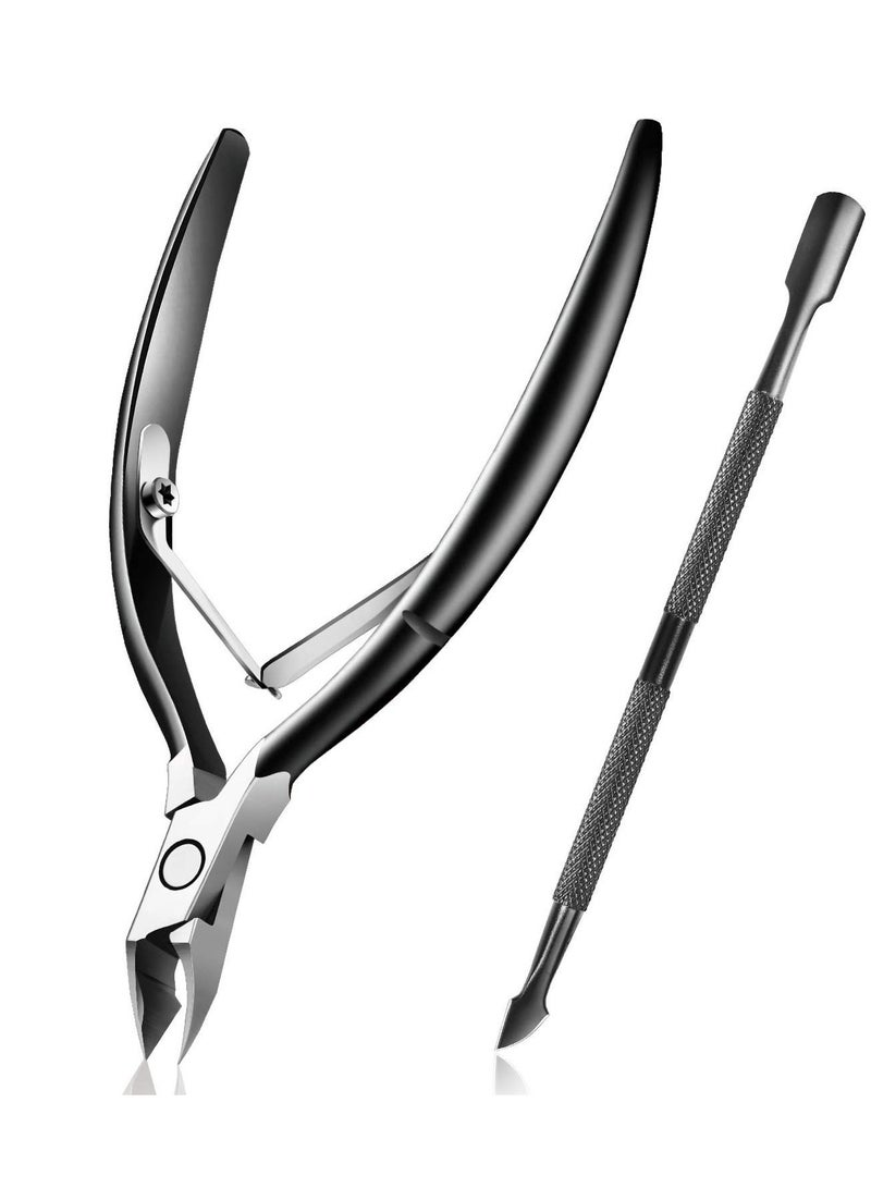 NIBEMINENT Cuticle Trimmer with Pusher, KASTWAVE Remover Nipper Professional Stainless Steel Cutter Clipper Durable Pedicure Manicure Tools for Fingernails and Toenails (Black) - Image 1