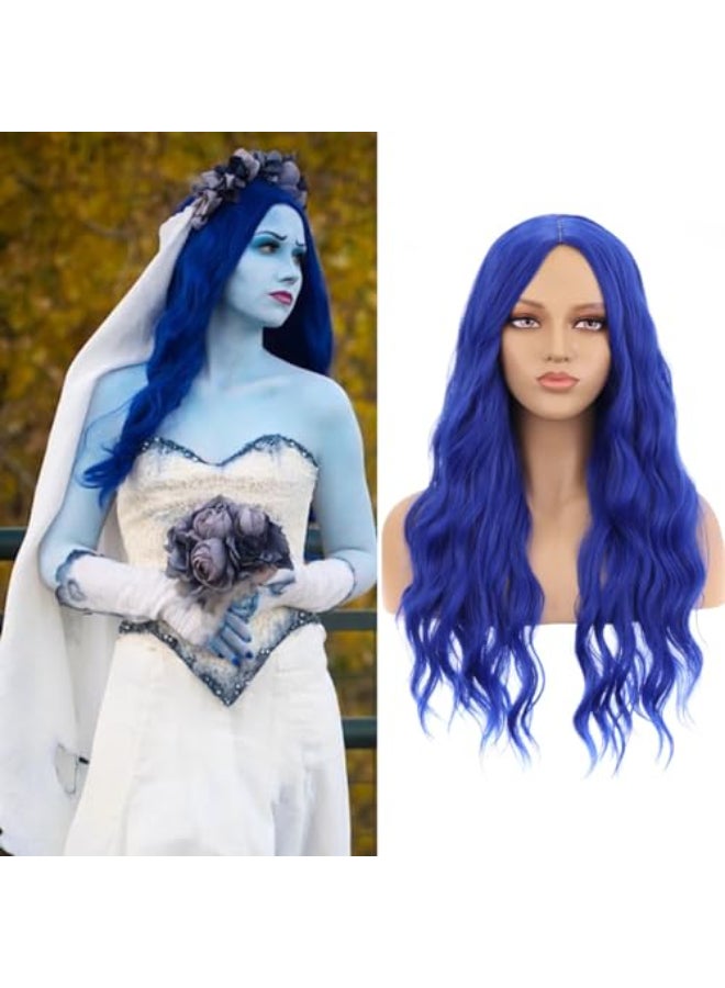MAGQOO Dark Blue Wig Women Girls Long Curly Wavy Dark Blue Wigs Middle Part Heat Resistant Hight Density Synthetic Wigs Dark Blue - Image 1