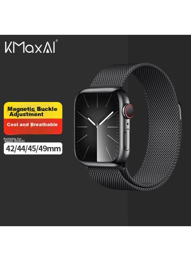 Kmaxai Compatible With Apple Watch S10/9 Milanese Loop Ultra 2/1st Gen Se/8/7/6 Stainless Steel Metal Braided Watch Band With Magnetic Clasp, 45/46/49mm Black - Image 1