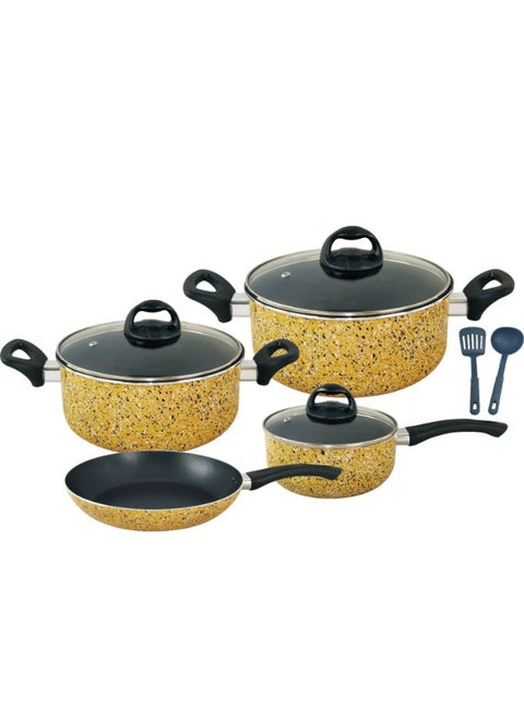 9-Piece Cookware Set Non-Stick Aluminum With Tempered Glass Lid & Heat Resistant Handle Size 16,20,24,24CM Yellow
