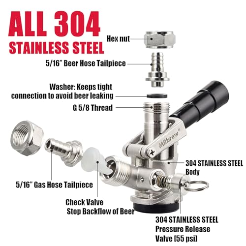 MRbrew All 304 Stainless Steel Keg Coupler, Commercial Sankey Kegerator D System Keg Tap Dispenser for I.D 5/16'' Draft Beer Line Gas Brewing Tubing with Check Valve Sealing Washer Hose Clamp - Image 3