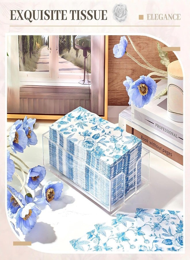 Faccito 100 Pcs Spring Blue Floral Napkins with Acrylic Napkin Holder, 2 Ply Blue and White Floral Chinoiserie Guest Towels for Bathroom Wedding Bridal Shower Party Supplies, 15.8 x 13 Inch - Image 4