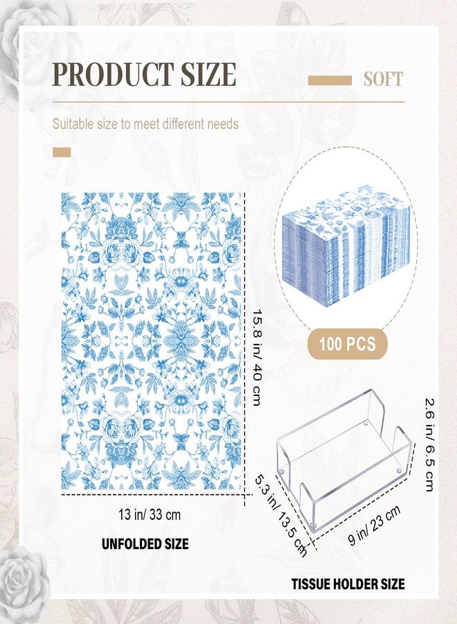 Faccito 100 Pcs Spring Blue Floral Napkins with Acrylic Napkin Holder, 2 Ply Blue and White Floral Chinoiserie Guest Towels for Bathroom Wedding Bridal Shower Party Supplies, 15.8 x 13 Inch - Image 2