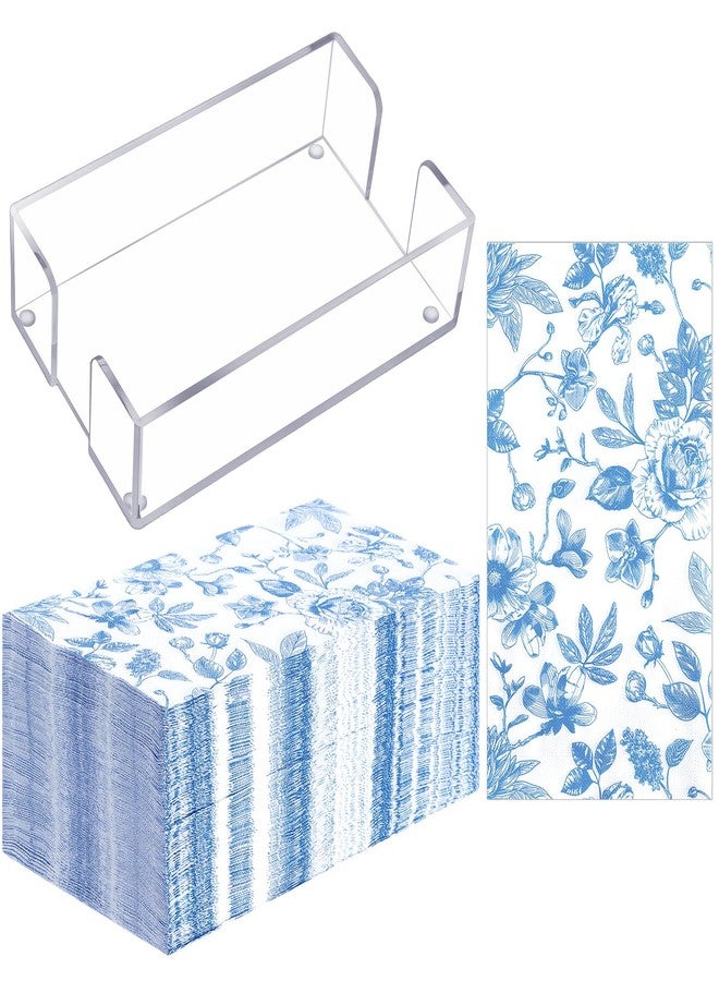 Faccito 100 Pcs Spring Blue Floral Napkins with Acrylic Napkin Holder, 2 Ply Blue and White Floral Chinoiserie Guest Towels for Bathroom Wedding Bridal Shower Party Supplies, 15.8 x 13 Inch - Image 1
