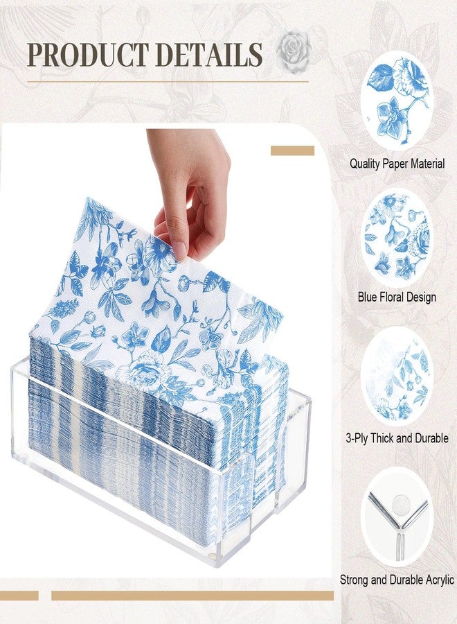 Faccito 100 Pcs Spring Blue Floral Napkins with Acrylic Napkin Holder, 2 Ply Blue and White Floral Chinoiserie Guest Towels for Bathroom Wedding Bridal Shower Party Supplies, 15.8 x 13 Inch - Image 3