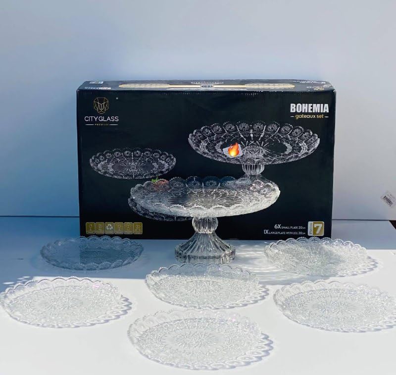 Cake stand with crystal base and 6 serving plates. - Image 2