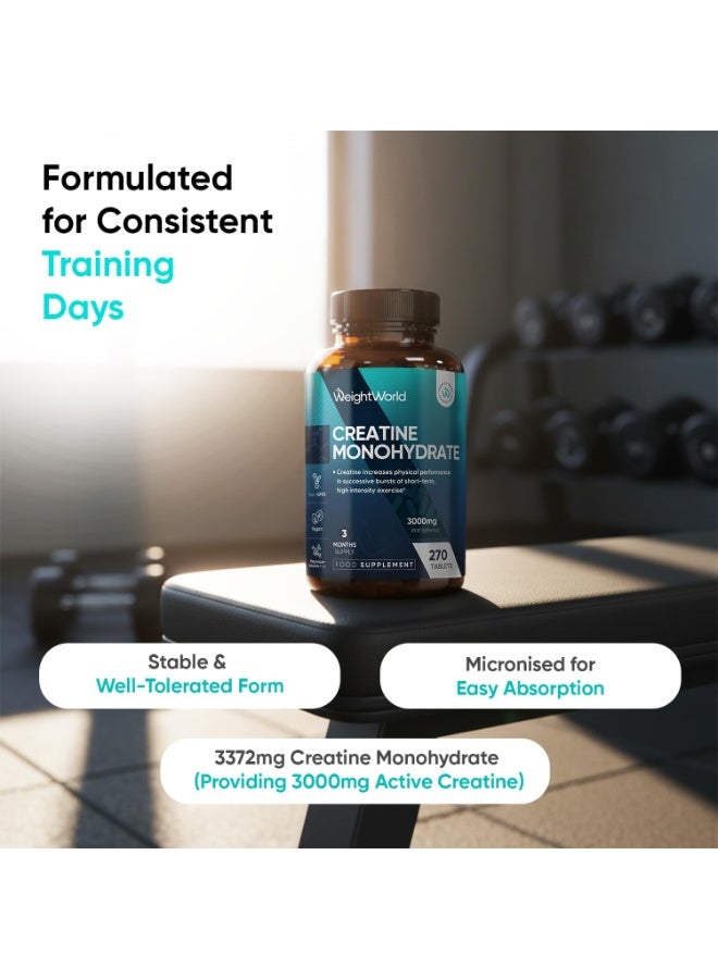 WeightWorld Micronized Creatine Monohydrate 3000mg Vegan Tablets | Muscle Strength & Recovery Booster | 3 Months Supply - 270 Tabs | Creatine for Women & Men | Non-GMO, Gluten-Free | 3 Tablets a Day - Image 2