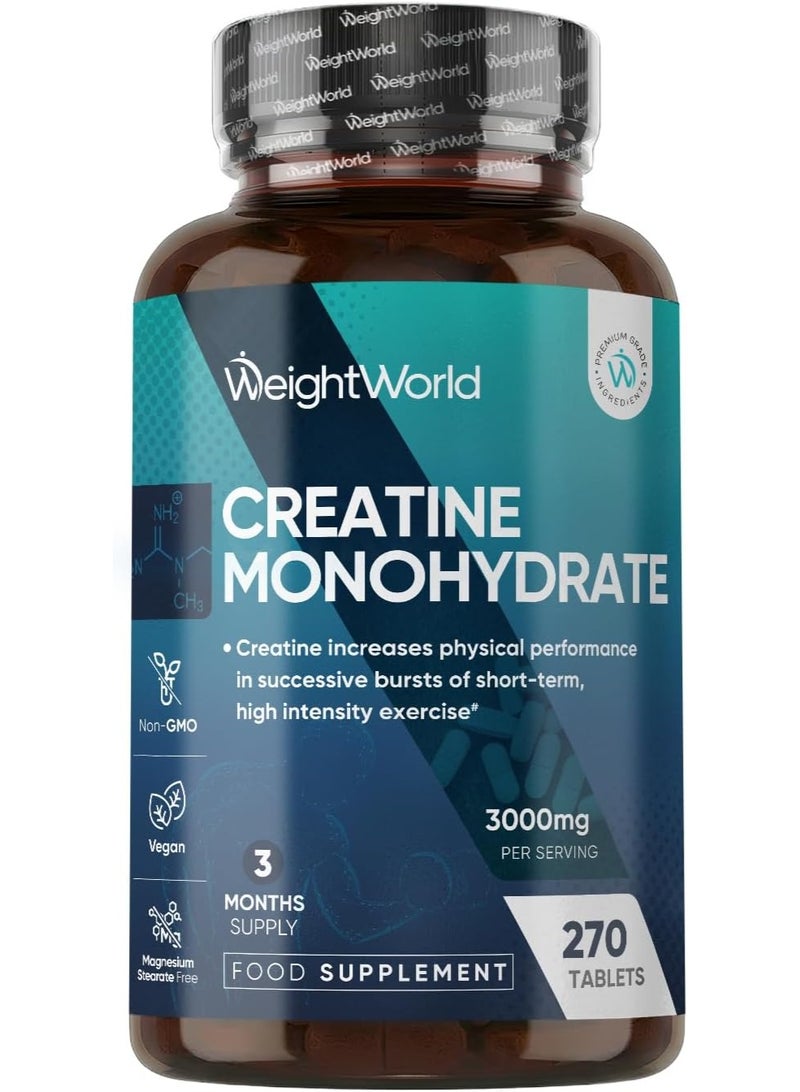 WeightWorld Micronized Creatine Monohydrate 3000mg Vegan Tablets | Muscle Strength & Recovery Booster | 3 Months Supply - 270 Tabs | Creatine for Women & Men | Non-GMO, Gluten-Free | 3 Tablets a Day - Image 1
