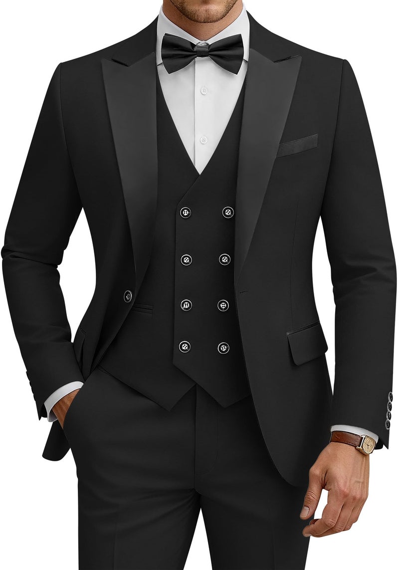 WULFUL Men's 3 Piece Suits Slim Fit Tuxedo Suit Set Double Breasted Suit Jacket Vest Pants Set for Wedding Prom Black - Image 1