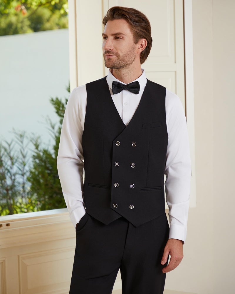 WULFUL Men's 3 Piece Suits Slim Fit Tuxedo Suit Set Double Breasted Suit Jacket Vest Pants Set for Wedding Prom Black - Image 4