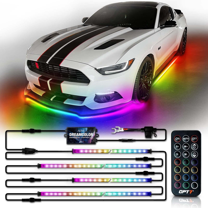 OPT7 Aura DreamColor Underglow Chasing Light Kit with APP Remote Control 4 PCS Flexible RGBIC LED Light Strips Exterior Neon Accent Underbody Lights for Car Truck RV Multi Colors Music Mode 12V