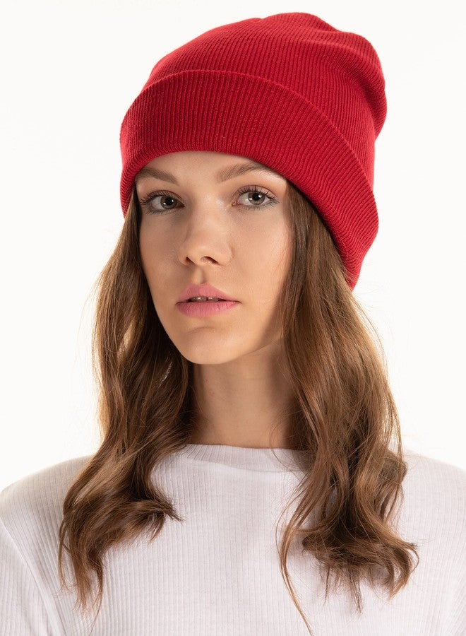Saferin Acrylic 1 & 2 Packs Unisex Beanie Hat for Men and Women Warm Elasticity Knit Winter Ski Cuffed Plain Hats Cap, Red, Medium - Image 4