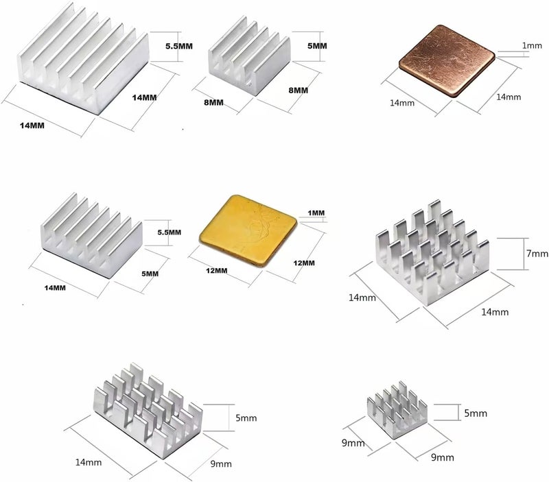 Pastall 100 PCS (8 Different Sizes) Heatsink Kit with Conductive Adhesive Tape, Aluminum Heat Sinks Cooler and Copper Heat Sink for Raspberry Pi A B B+ 2/3/4/5 - Image 3