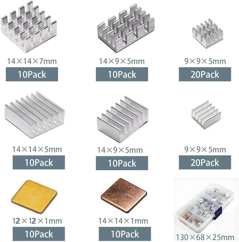 Pastall 100 PCS (8 Different Sizes) Heatsink Kit with Conductive Adhesive Tape, Aluminum Heat Sinks Cooler and Copper Heat Sink for Raspberry Pi A B B+ 2/3/4/5 - Image 2
