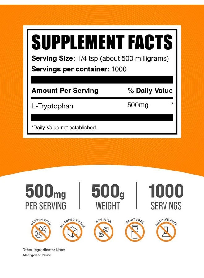 BulkSupplements.com L-Tryptophan Powder - Tryptophan Supplement, Amino Acid Supplement - Gluten Free, 500mg per Serving, 500g (1.1 lbs) (Pack of 1) - Image 2