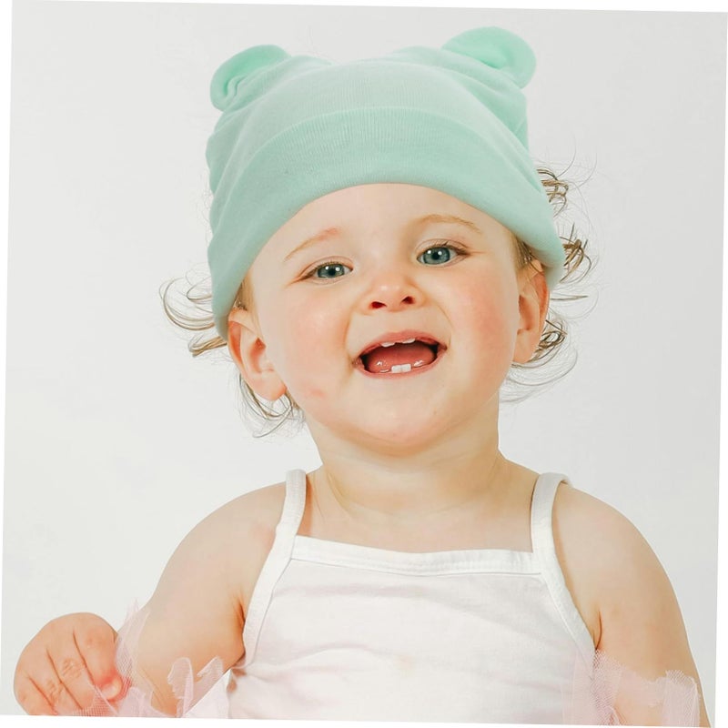 Soft Cotton Beanie Hat With Bear Ears For Newborns Light Green Breathable Cap For Baby Boys Girls Hospital Use - Image 5