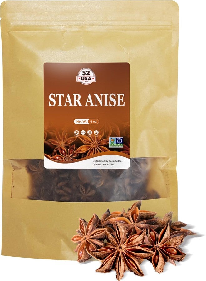 52USA Whole Star Anise 4oz (1 Pack), Non-GMO Verified Dried Chinese Star Anise Pods, Premium Anise Spice for Cooking, Baking, Asian Dishes & Herbal Tea - Image 1