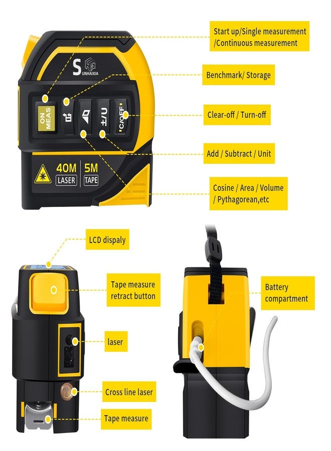 SUNHAIXIA 4 in 1 Laser Tape Measure, 130ft/40m Laser Distance Meter, 16ft/5m AutoLock Tape, Ft/Inch/Fractions/M/mm, Yellow - Image 2