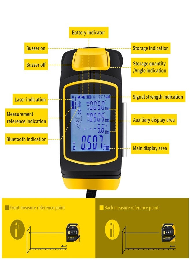 SUNHAIXIA 4 in 1 Laser Tape Measure, 130ft/40m Laser Distance Meter, 16ft/5m AutoLock Tape, Ft/Inch/Fractions/M/mm, Yellow - Image 3