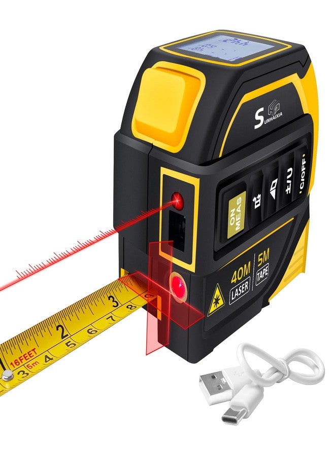 SUNHAIXIA 4 in 1 Laser Tape Measure, 130ft/40m Laser Distance Meter, 16ft/5m AutoLock Tape, Ft/Inch/Fractions/M/mm, Yellow - Image 1