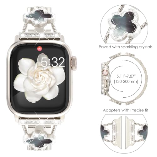 NewWays Compatible for Apple Watch Band Series 11 10 42mm Series 9/8/7 41mm Series 6/5/4 40mm Series3 38mm for Women, Bling Diamonds Four Leaf Clover Bracelet for iWatch Womens, Starlight/Black Pearl - Image 3