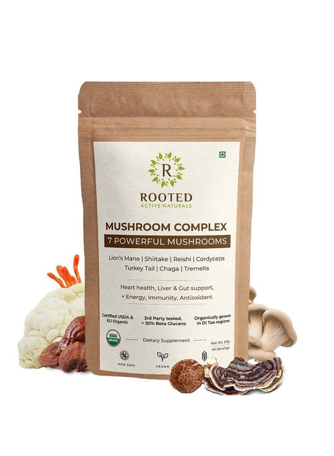 Rooted Actives 7 Mushrooms Complex (60 g) extract powder | for Heart, Liver, Gut, Energy & Immunity (USDA organic, 30% Beta Glucans - Image 1