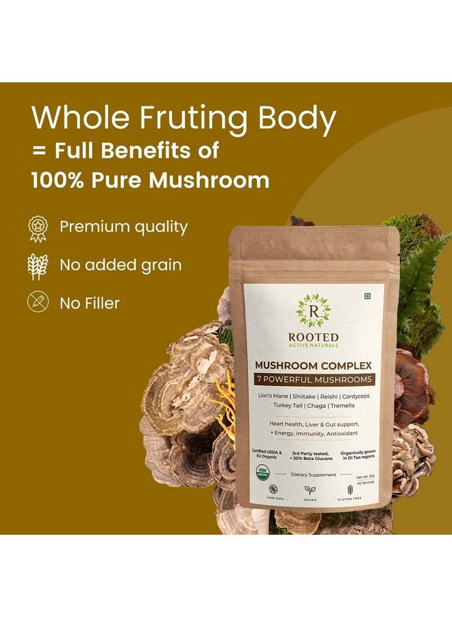 Rooted Actives 7 Mushrooms Complex (60 g) extract powder | for Heart, Liver, Gut, Energy & Immunity (USDA organic, 30% Beta Glucans - Image 2
