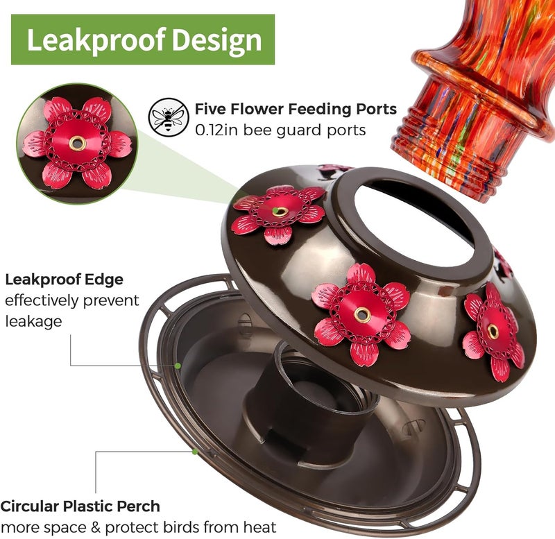 BOLITE Hummingbird Feeders, 24004R Glass Hummingbird Feeders for outdoors Hanging, Hand Blown Twisted with 5 Feeding Ports & Perch, 24 Ounces, Leak Proof, Red - Image 5