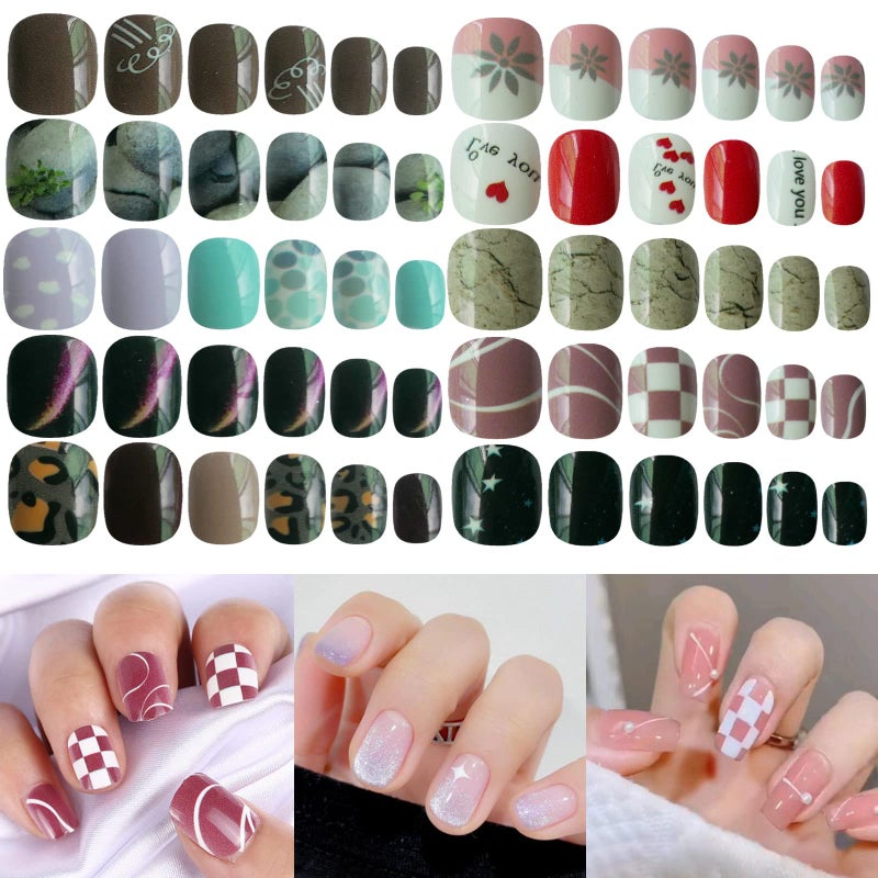 LoveOurHome LoveOurHome 240pc Short Square Press on Nails Glossy Mixed Colored Stars Heart Marble Flower Cloud Design Round Fake Nails Kit Full Cover Artificial Fingernails 12 Sizes for Women Girls Kids 